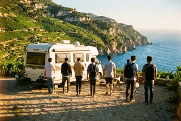 Wohnmobil auf einem Stellplatz an der ligurischen Küste am Morgen