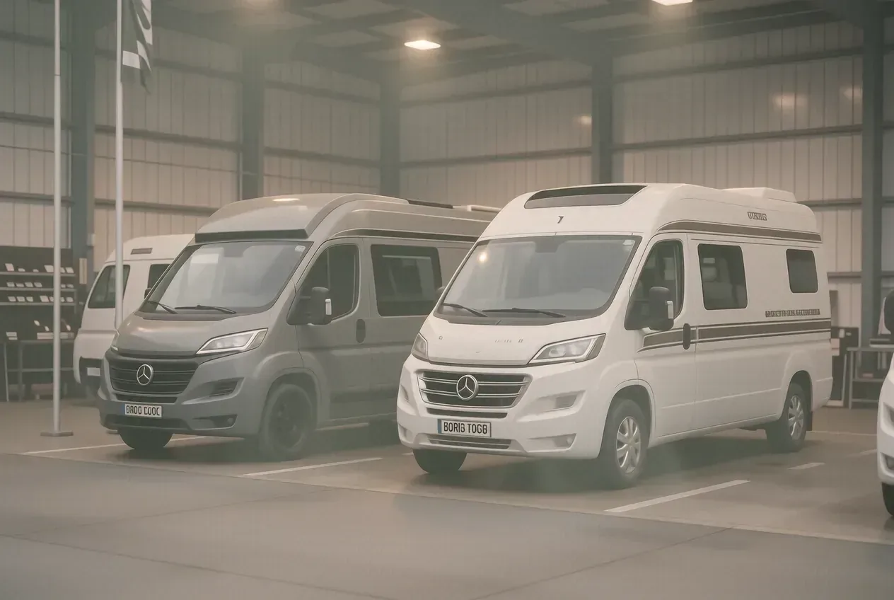Hymer B-Klasse und Bürstner Lyseo auf Hersteller-Showroom-Stellplatz in Bad Waldsee