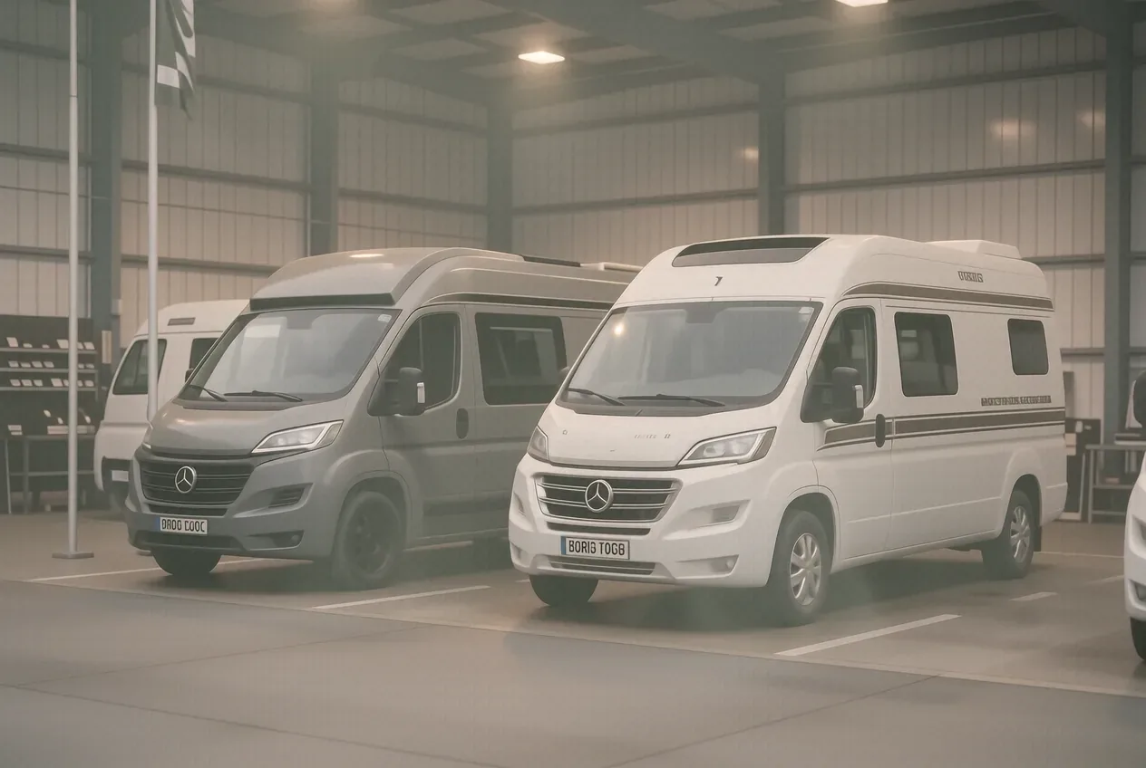 Hymer B-Klasse und Bürstner Lyseo auf Hersteller-Showroom-Stellplatz in Bad Waldsee