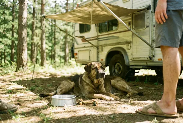 Hund liegt im Schatten neben einem Wohnmobil auf einem Stellplatz