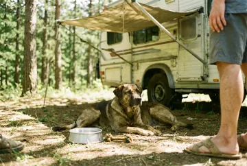 Hund liegt im Schatten neben einem Wohnmobil auf einem Stellplatz