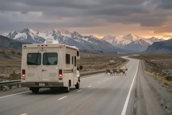 RV auf der George Parks Highway nahe Denali-Nationalpark mit schneebedeckten Bergen und Karibu-Herde im Hintergrund
