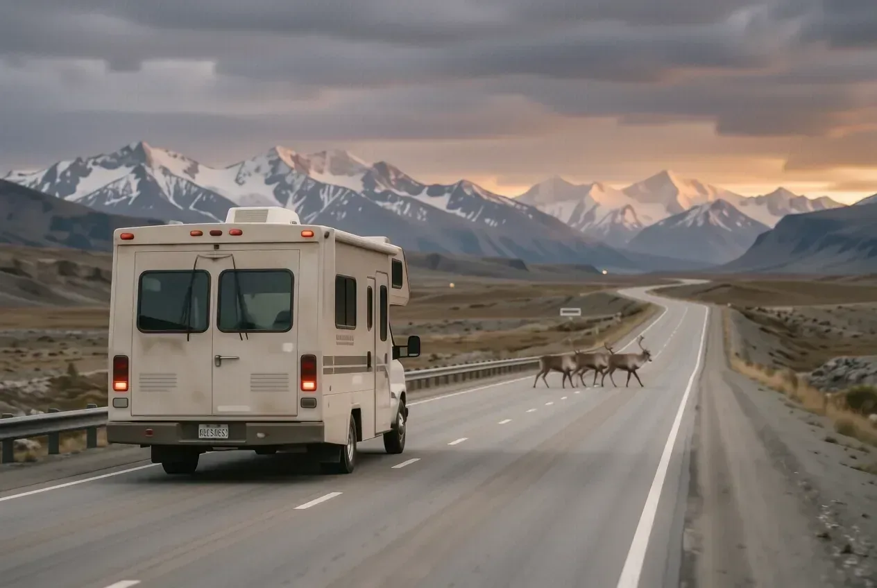 RV auf der George Parks Highway nahe Denali-Nationalpark mit schneebedeckten Bergen und Karibu-Herde im Hintergrund