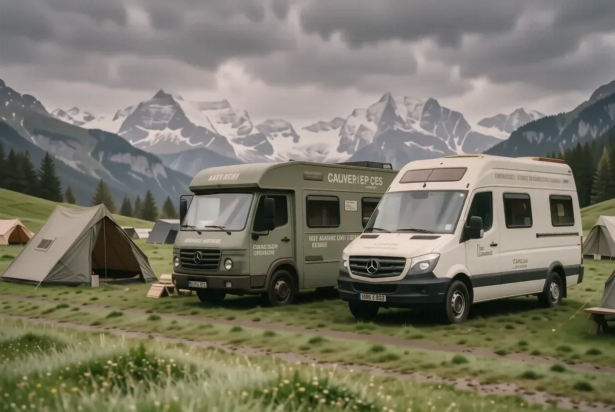 Knaus Sport und Fendt Bianco Wohnwagen nebeneinander auf einem Allgäuer Stellplatz im Frühling