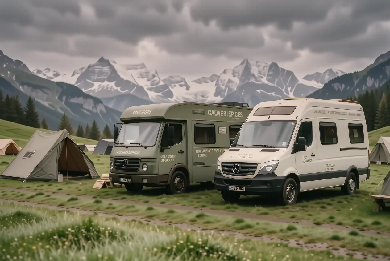 Knaus Sport und Fendt Bianco Wohnwagen nebeneinander auf einem Allgäuer Stellplatz im Frühling