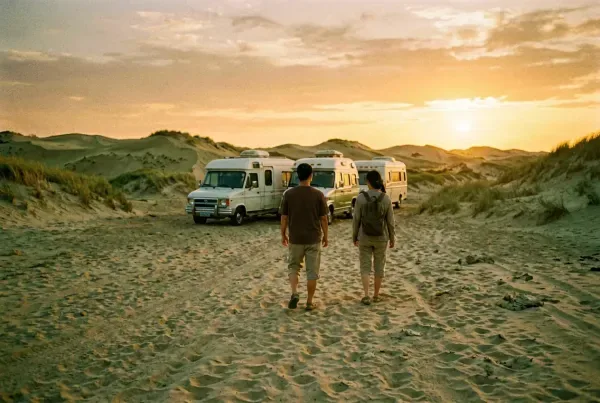 Wohnwagen am Strand der Nordsee in Zeeland bei Sonnenuntergang mit Dünen