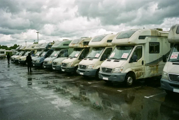 Reihe gebrauchter Wohnmobile auf deutschem Händlerhof mit Preisschildern an Frontscheiben und nasser Asphalt