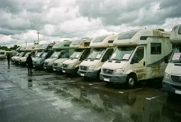 Reihe gebrauchter Wohnmobile auf deutschem Händlerhof mit Preisschildern an Frontscheiben und nasser Asphalt
