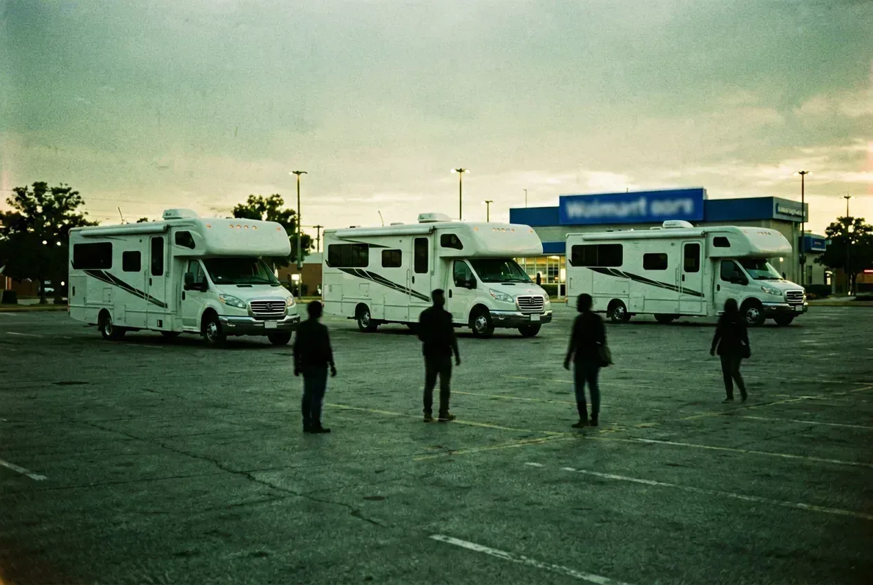 Walmart-Parkplatz in Arizona in der Dämmerung mit drei respektvoll abgestellten Wohnmobilen und blauem Schild