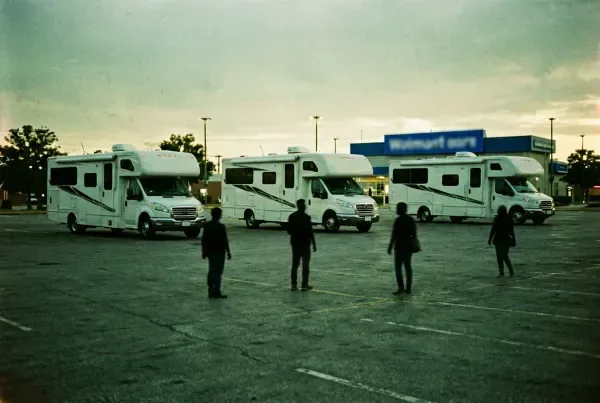 Walmart-Parkplatz in Arizona in der Dämmerung mit drei respektvoll abgestellten Wohnmobilen und blauem Schild