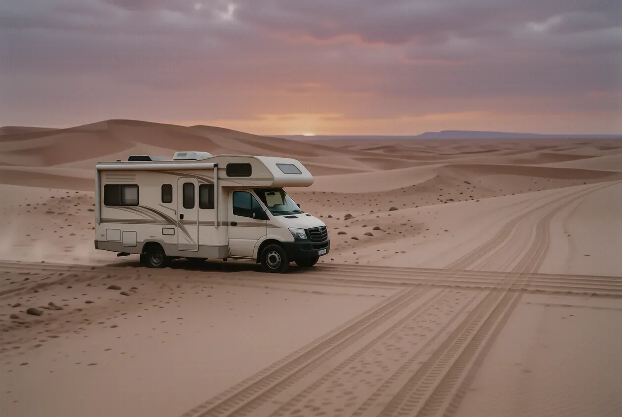 Wohnmobil-Silhouette in der Erg-Chebbi-Wüste bei Sonnenaufgang mit roten Sanddünen und Spuren im Sand