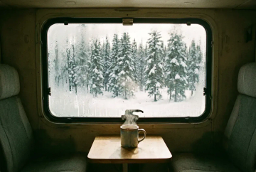 Blick durch beschlagenes Wohnmobilfenster auf verschneiten Kiefernwald mit dampfender Tasse