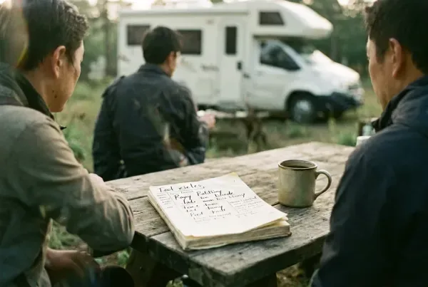Camping-Tagesbudget in einem Notizbuch auf einem Stellplatz mit Tasse Kaffee