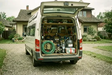 Geöffneter Stauraum eines Wohnmobils mit Werkzeug und Camping-Ausrüstung