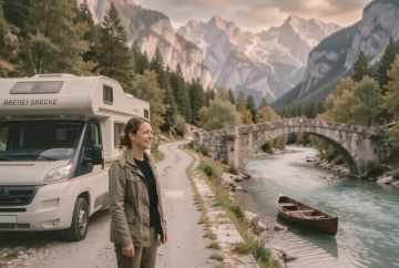 Wohnmobil an einem Stellplatz am türkisfarbenen Soča-Fluss mit Steinbrücke und Kanu im Hintergrund