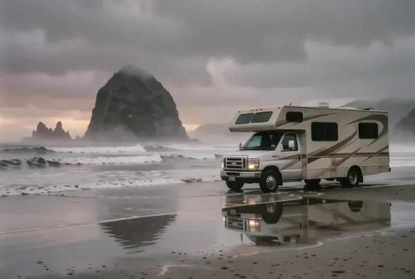 RV auf dem US-101 an der Oregon-Küste mit Haystack Rock bei Cannon Beach und Pazifik-Brandung am Nebelmorgen