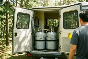 Geöffneter Gaskasten eines Wohnmobils mit zwei 11-kg-Flaschen