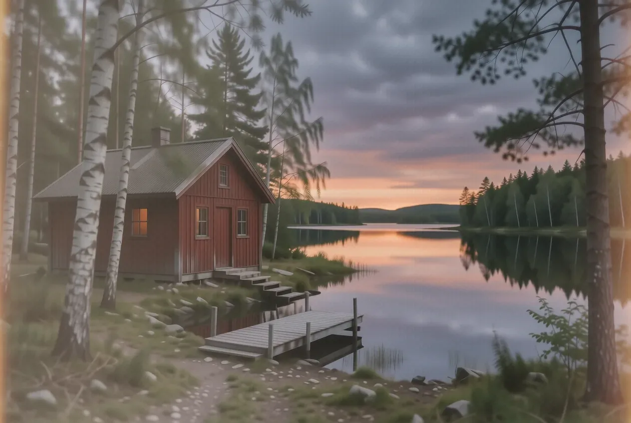 Wohnmobil auf rotem Holzsteg an einem Småland-See bei Mitternachtssonne mit Birken im Hintergrund