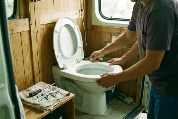 Innenraum-Werkstattszene mit Händen, die eine Trockentrenntoilette in einen Kastenwagen einbauen