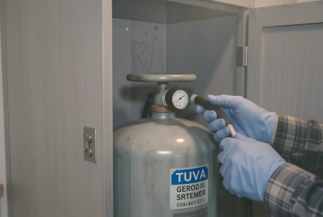 Festgastank mit Manometer im Gasstauraum eines Wohnmobils mit Anschlussschläuchen und blauem TÜV-Prüfsiegel