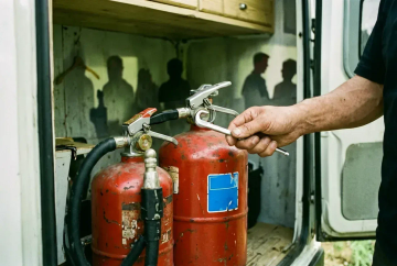 Nahaufnahme von Gasregler und roter Propangasflasche im Wohnmobil-Stauraum mit blauem Prüfsiegel