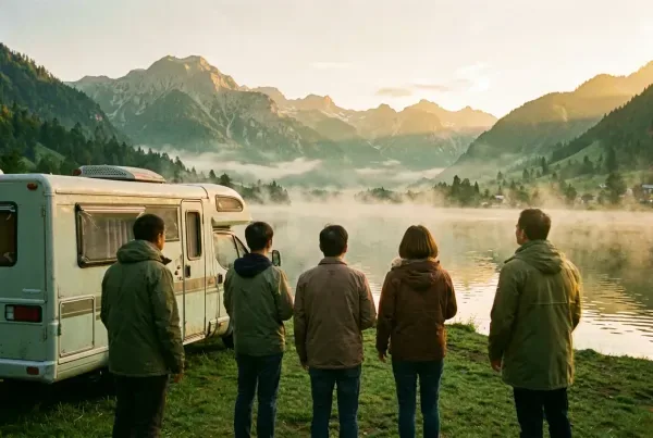Wohnmobil am Tegernsee in Bayern bei Sonnenaufgang mit Bergpanorama