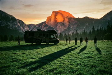 Class-A-Wohnmobil als Silhouette im Yosemite Valley mit glühendem Half Dome bei Sonnenuntergang