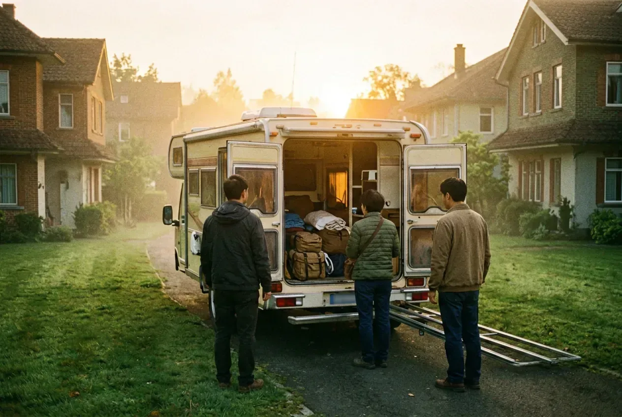 Wohnmobil verlässt zu Sonnenaufgang den heimischen Hof zur Reisevorbereitung