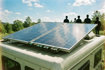 Untersicht zweier flexibler Solarmodule am Wohnmobildach mit MC4-Steckern und Himmelsspiegelung
