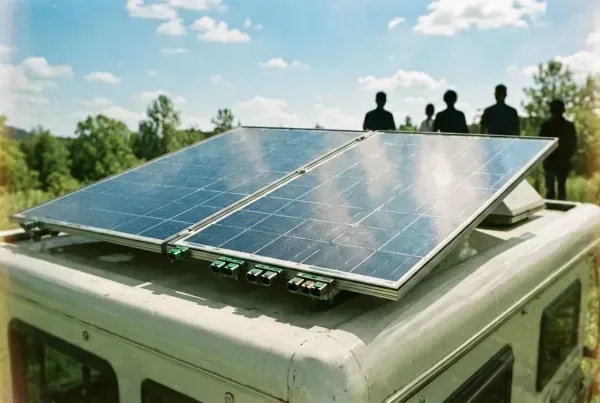 Untersicht zweier flexibler Solarmodule am Wohnmobildach mit MC4-Steckern und Himmelsspiegelung