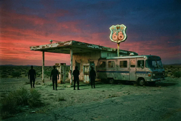 Verlassene Route-66-Tankstelle in der Dämmerung mit Vintage-Wohnmobil im Schatten der Neonschilder