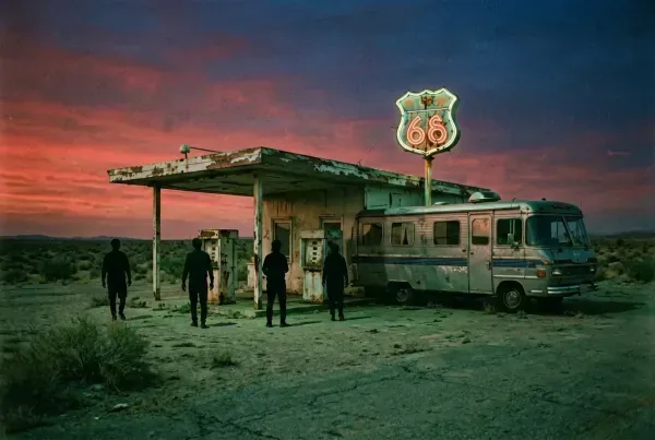 Verlassene Route-66-Tankstelle in der Dämmerung mit Vintage-Wohnmobil im Schatten der Neonschilder
