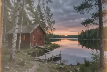 Wohnmobil auf rotem Holzsteg an einem Småland-See bei Mitternachtssonne mit Birken im Hintergrund