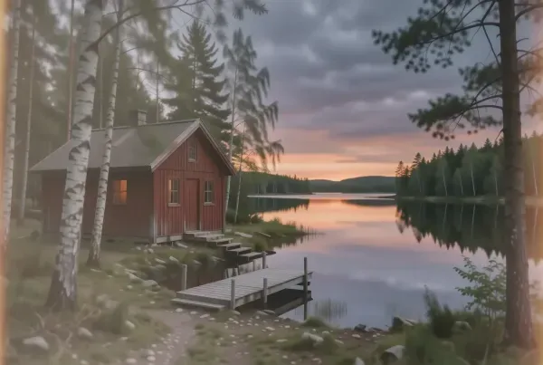 Wohnmobil auf rotem Holzsteg an einem Småland-See bei Mitternachtssonne mit Birken im Hintergrund