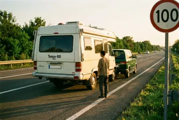 Wohnwagen mit Tempo-100-Plakette auf der Autobahn bei Tageslicht