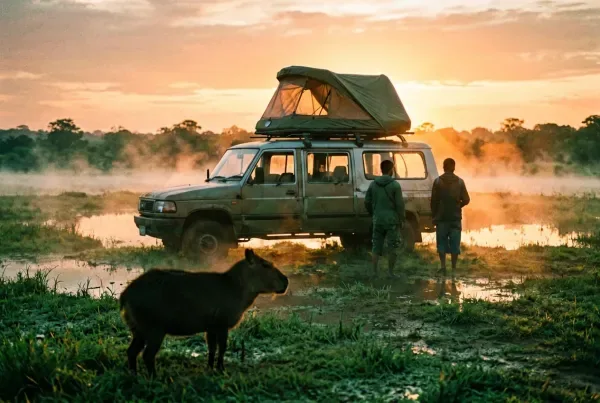 Geländewagen mit Dachzelt am Ufer des Pantanal Sumpfgebiet Mato Grosso bei Sonnenaufgang