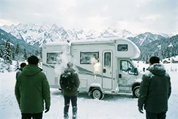 Wohnmobil auf verschneitem Stellplatz in den Bayerischen Alpen