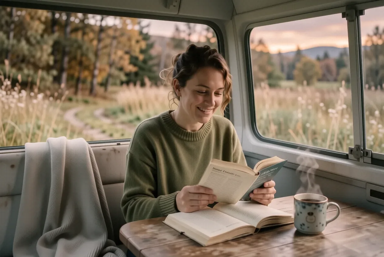 Wohnmobil-Innenraum mit aufgeschlagenem Buch und Kaffeebecher auf Sitzgruppe und Blick durch Fenster auf morgendliche Wiese