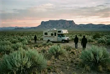 Wohnmobil allein in weiter Nevada-BLM-Wüste mit Salbeibüschen und entferntem Mesa im Abendlicht