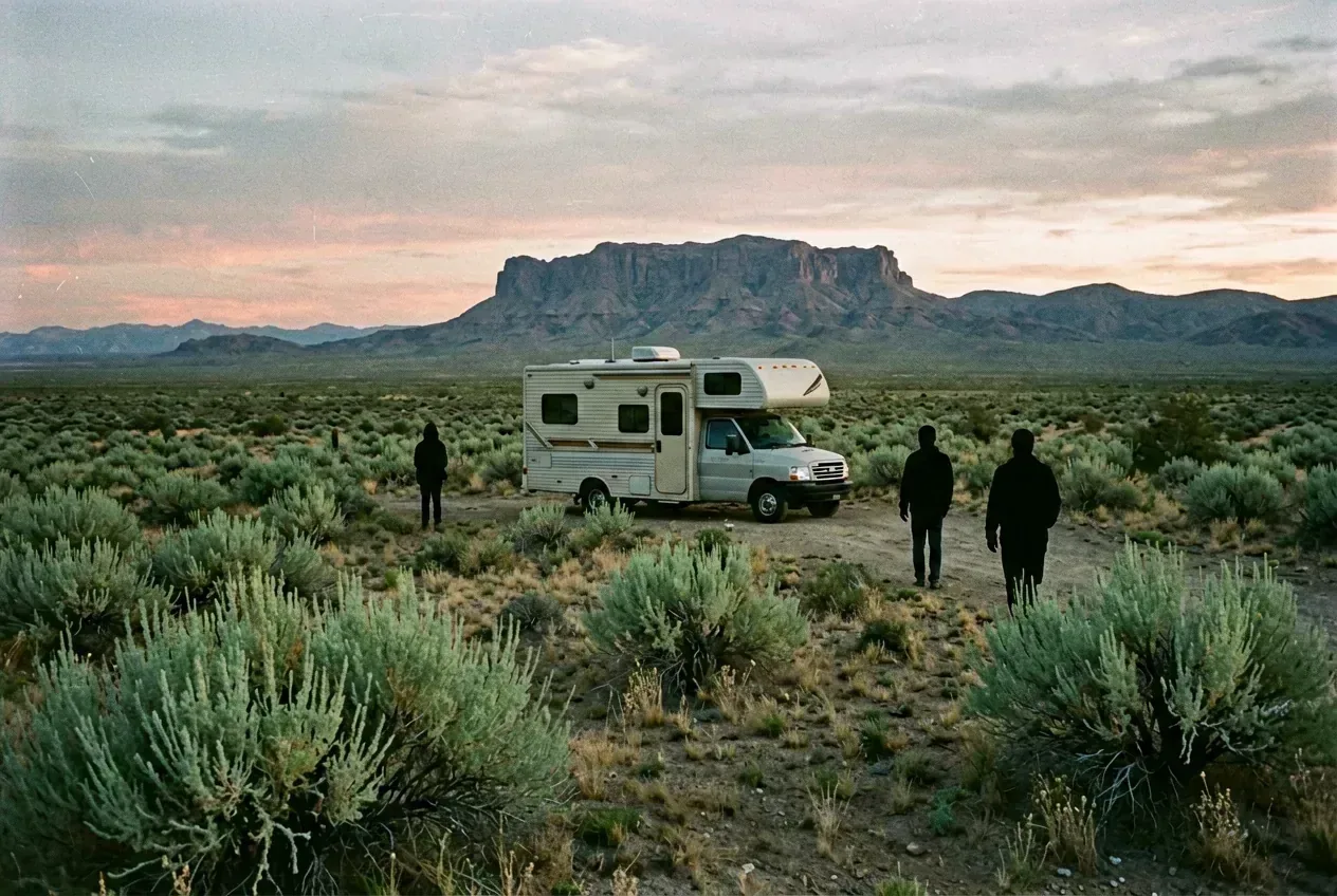 Wohnmobil allein in weiter Nevada-BLM-Wüste mit Salbeibüschen und entferntem Mesa im Abendlicht
