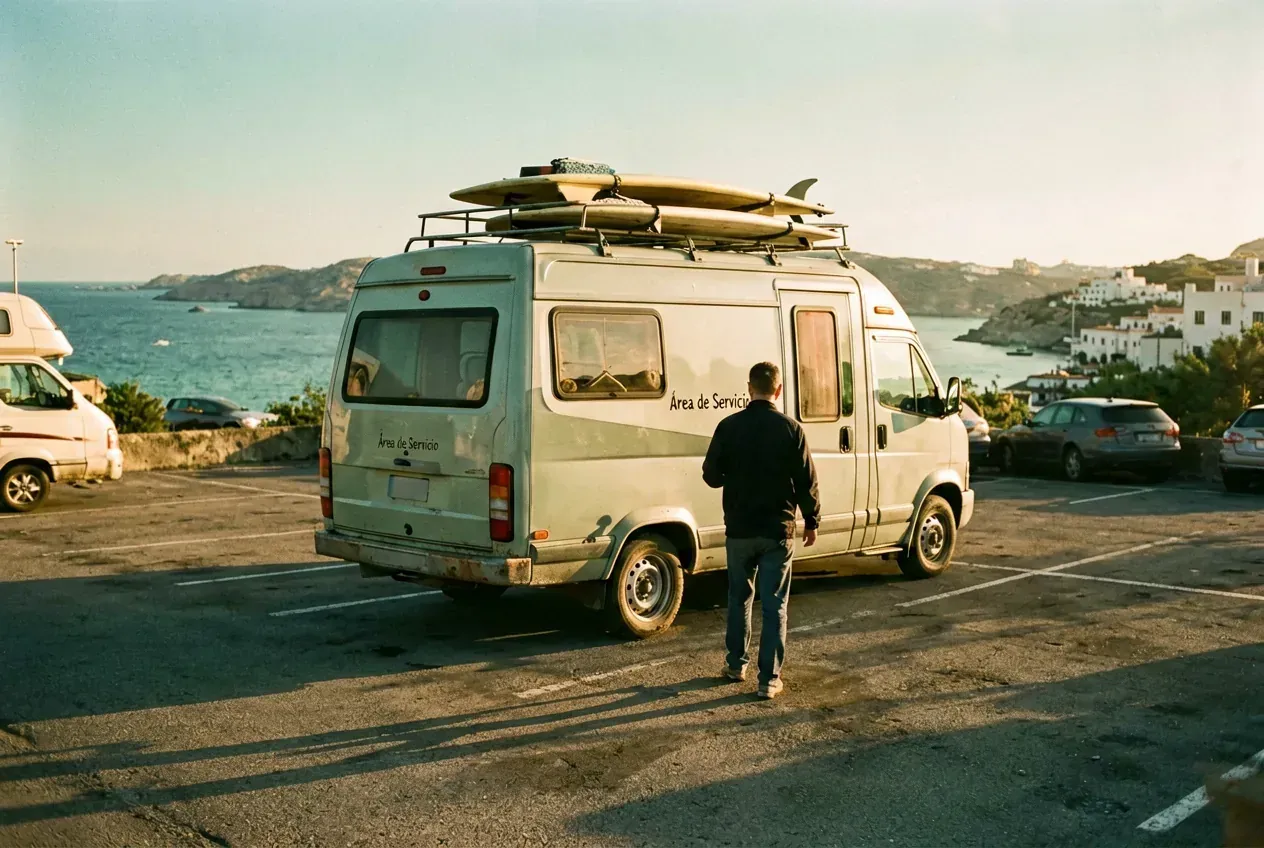 Wohnmobil auf einem Áreas de Servicio in Andalusien bei Abendlicht