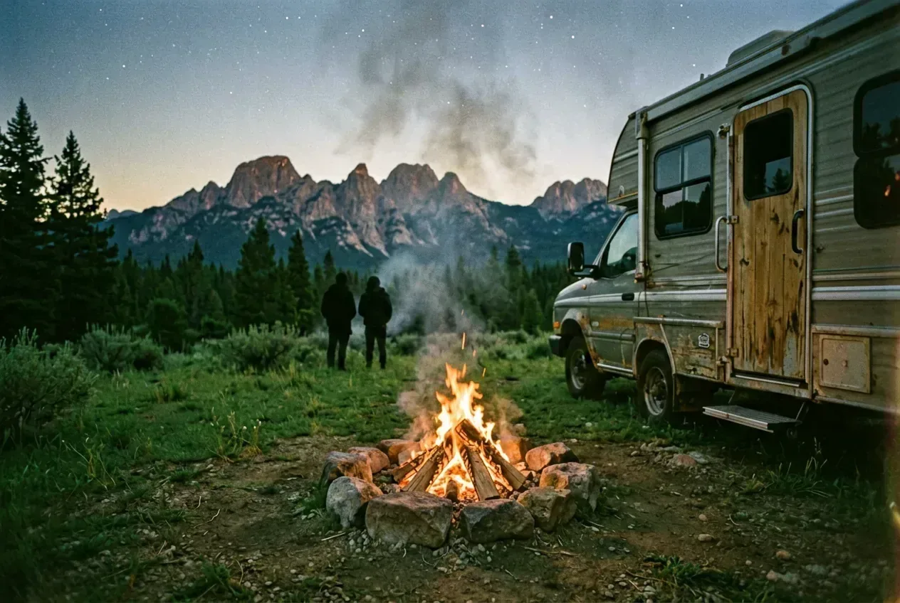 Feuerstelle neben Wohnmobil-Stufe in der Dämmerung mit Teton-Silhouette und ersten Sternen