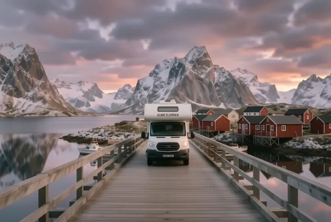 Wohnmobil auf einer Lofoten-Brücke nahe Reine mit roten Rorbu-Hütten am Wasser und Bergen im Sonnenaufgang