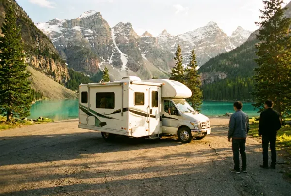 RV auf einem Campground in Banff mit Bergsee im Hintergrund