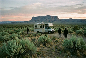 Wohnmobil allein in weiter Nevada-BLM-Wüste mit Salbeibüschen und entferntem Mesa im Abendlicht