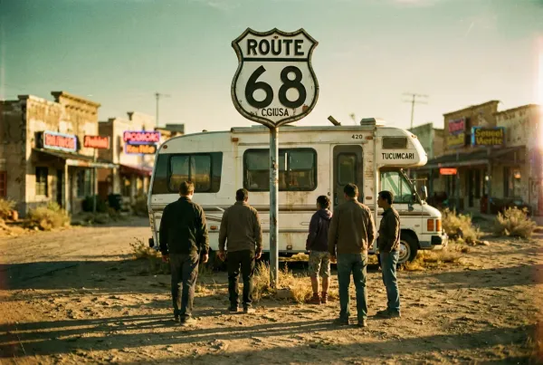 Class-A-Wohnmobil vor einem klassischen Route-66-Schild in New Mexico