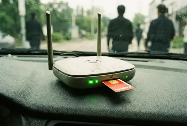 Makroaufnahme eines Mobilfunk-Routers mit grüner LTE-LED und halb herausgezogener Vodafone-SIM
