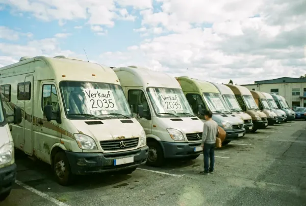 Verkaufsschild an einem gebrauchten Wohnmobil auf einem Händlerplatz
