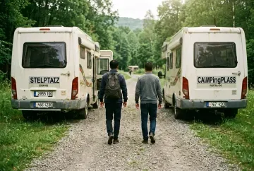 Zwei Wohnmobil-Besitzer von hinten beim Vergleich von Stellplatz und Campingplatz mit deutschen Kennzeichen