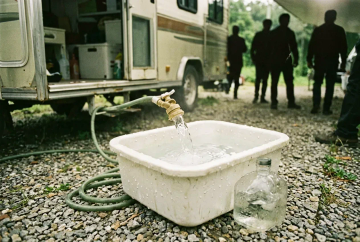Frischwasser-Einfüllstutzen am Wohnmobil mit Lebensmittel-Schlauch und Wassertropfen